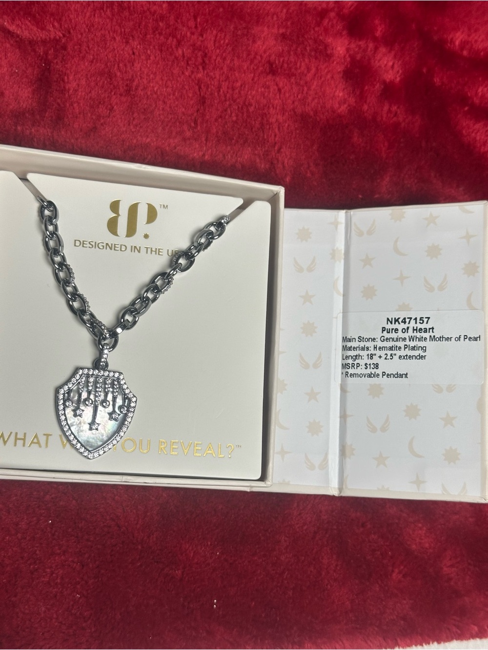 Silver Shield Pendant Necklace with White Mother of Pearl